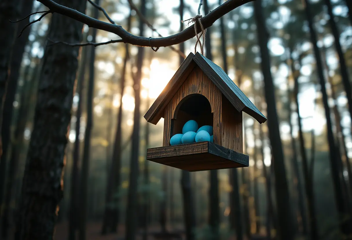 Abri à oiseaux dans un bois avec des œufs bleus, texte alternatif en français