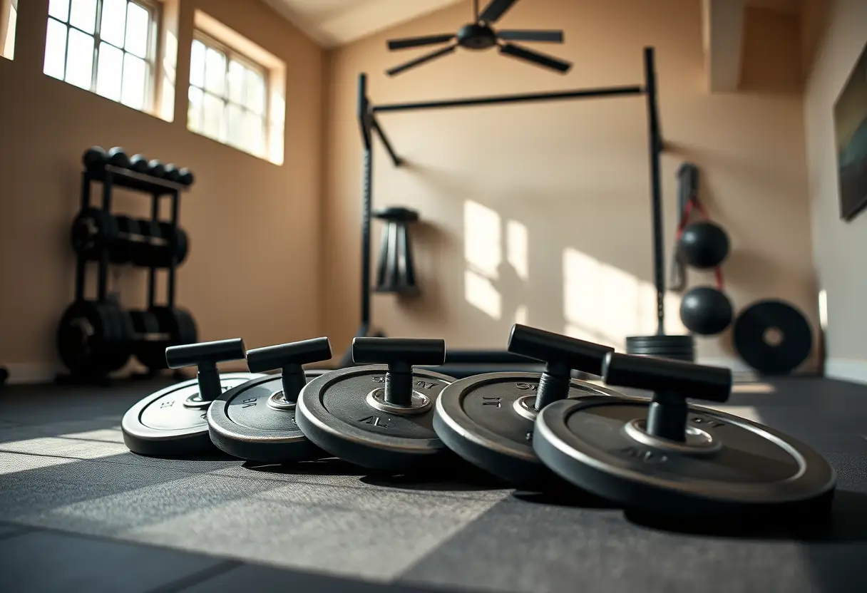 Des haltères bien rangés près d'un barre de traction dans un gymnase